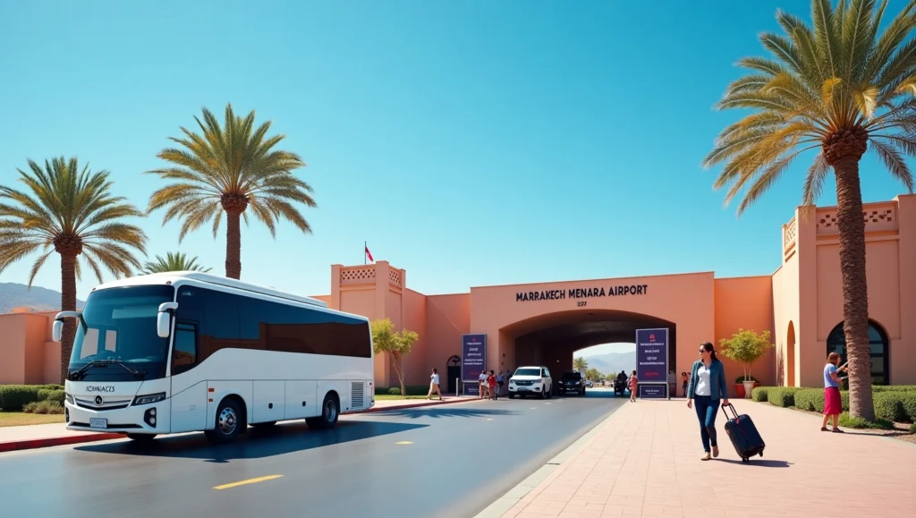 A tour bus and travelers outside Marrakesh Menara Airport on a sunny day, representing Marrakesh Airport Transfer services. The scene showcases the convenience of Marrakesh minibus hire for Marrakesh tours, day trips, and Agafay desert tour experiences starting right from the airport.