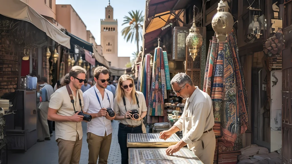 UK Tourists with cameras observe a vendor at a vibrant market with textiles, lanterns, and a mosque in the background.