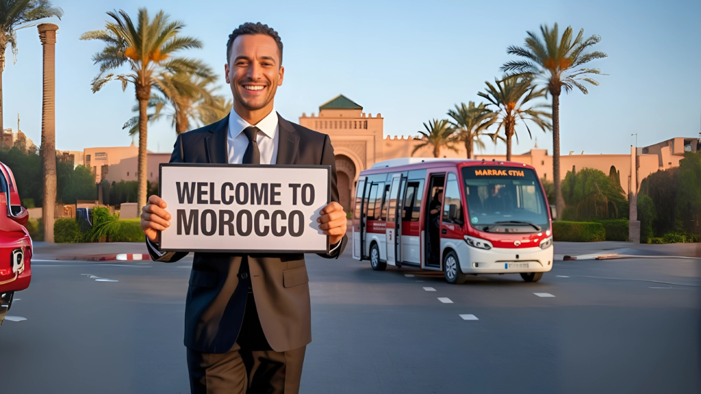 Smiling man in a black suit holding a 'Welcome to Morocco' sign at Marrakesh Airport, with a red and white minibus and palm trees in the background