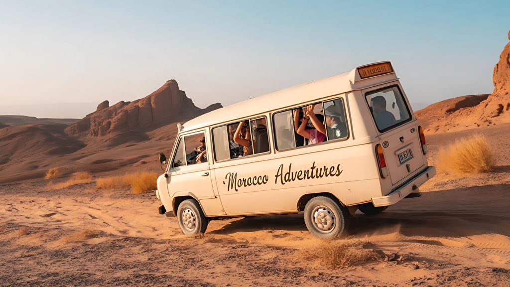 A beige minibus labeled "Morocco Adventures" drives through a desert with passengers inside.A beige minibus labeled "Morocco Adventures" drives through a desert with passengers inside