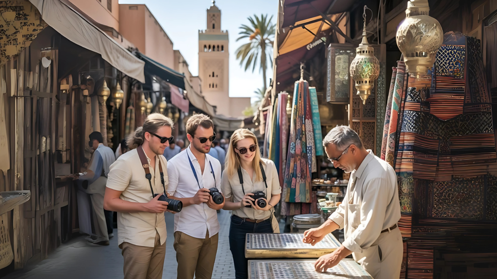 Three tourists with cameras watch a vendor at a colorful outdoor market. Three tourists with cameras watch a vendor at a colorful outdoor market.Three tourists with cameras watch a vendor at a colorful outdoor market. Three tourists with cameras watch a vendor at a colorful outdoor market. Three tourists with cameras watch a vendor at a colorful outdoor market
